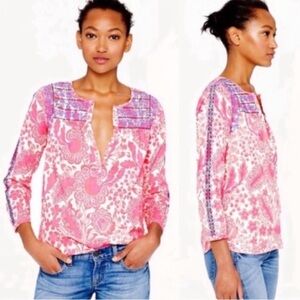 J. Crew Embroidered Hot Pink Floral Popover Blouse